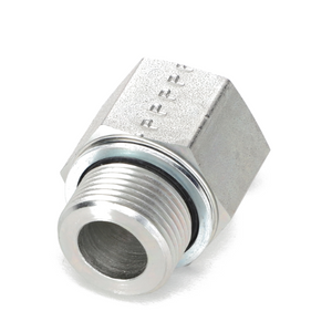 The AGCO | ADAPTER FITTING - AG517938 is a robust metal hexagonal pipe fitting designed with external threading and a circular opening. It features an O-ring near the threads to ensure a secure fit. This high-quality fitting is brought to you by the trusted brand, AGCO.