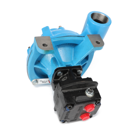 Image of the AGCO Hydraulic Centrifugal Pump - AG520320, exhibiting a blue and black industrial assembly with multiple connection points and a reinforced black base. Notable features include prominent bolt heads and red plugs on the lower section. Engineered for maximum durability, this unit employs AGCO Genuine Parts to ensure long-lasting performance in application equipment.