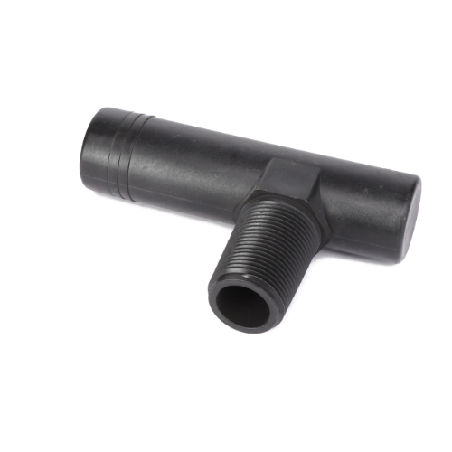 The AGCO | NOZZLE ELBOW - AG515490, a robust T-shaped fitting from AGCO in black, features threaded ends designed to securely connect three pipes with precision.