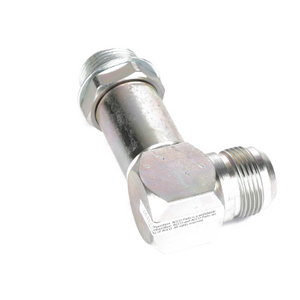 The AGCO ELBOW FITTING - 8046997 is a metal pipe elbow fitting with threaded ends and a hexagonal nut, designed for connecting two pipes at a 90-degree angle. If you have any product questions, don't hesitate to contact our support team.