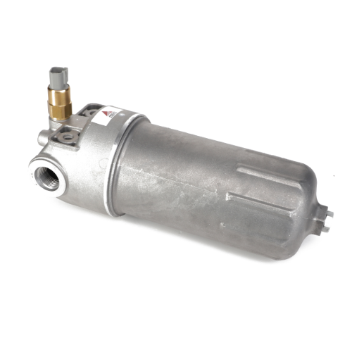 The AGCO | Hydraulic Filter Assembly - Acw1344920, a silver low-pressure filter housing that includes an attached valve and connector, is seen positioned horizontally on a white background. It is designed to reduce maintenance costs.