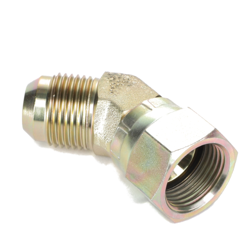 The AGCO ELBOW UNION - AL5027823 is a metal pipe fitting featuring a threaded end on one side and an angled joint culminating in a hexagonal nut end on the other. No current product description information is available.