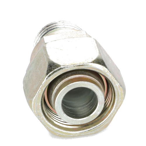 The AGCO ADAPTER - AL5027965, produced by AGCO, is a metallic hexagonal fitting with an inner circular opening, ideal for connecting pipes or tubes.