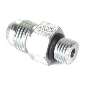 The AGCO adapter, model AG727362, is a metal hydraulic fitting featuring threaded ends and an O-ring seal in the middle. The item is marked with "G0200 ACCO," but there is no current product description available.