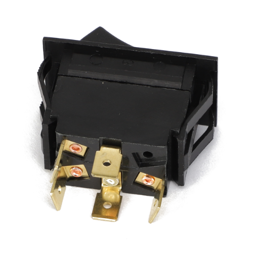 A black, rectangular AGCO rocker switch - AG514234 with three brass terminals at the base is viewed from an angle, showcasing its sleek side and bottom.