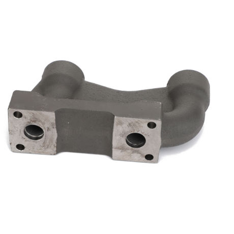 AGCO | Manifold Block - Acw2104710: A grey metal exhaust manifold with two cylindrical outputs and two mounting holes at the base, viewed on a white background.