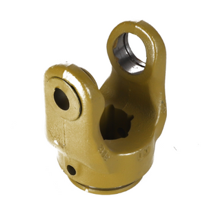 The AGCO | Fork - F650633070050 is a yellow metal mechanical part with a hole at the top, designed for connecting or coupling machinery components.