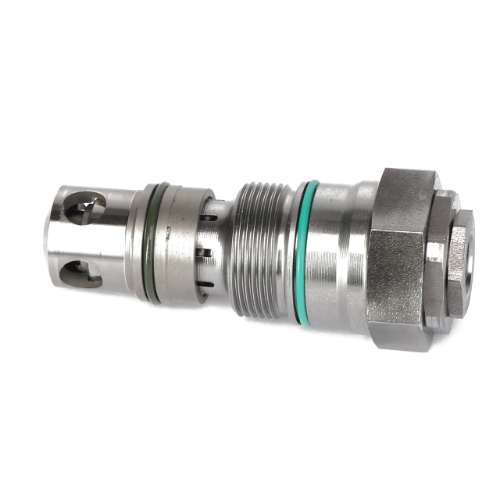 The AGCO | VALVE - AG722601 is a metallic hydraulic valve featuring threaded sections and green O-rings, showcased against a white background. Currently, no additional product description information is available.