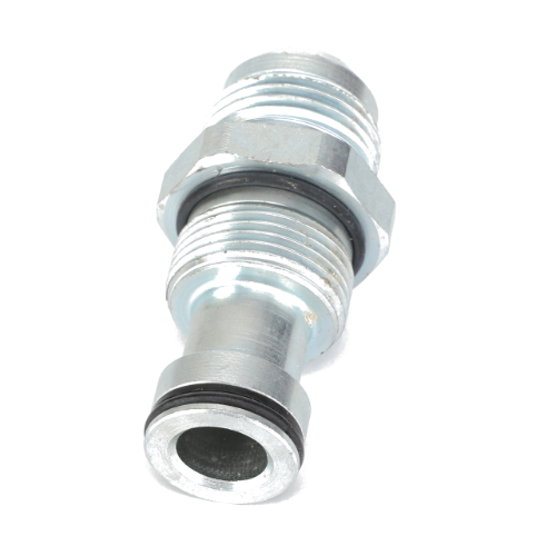 The AGCO | ADAPTER - AL10550061 is a robust metal hydraulic fitting with threaded ends, featuring a reliable black O-ring on one side.