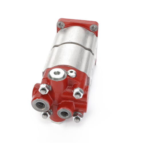 Introducing the AGCO | HYDRAULIC PUMP - D45162200 by AGCO, a red and silver hydraulic pump featuring visible bolts and ports, expertly crafted for fluid power applications.