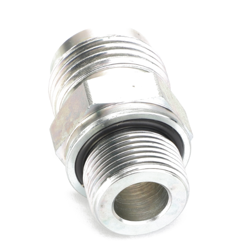 Close-up of the AGCO UNION - AL5027940, a metal plumbing fitting with male threads on both ends, featuring an integrated rubber gasket. No current product description information is available.