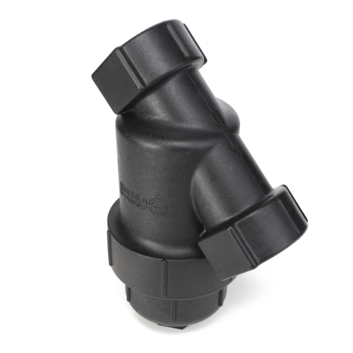 No current product description is available for the AGCO Strainer - Ag054731, a black plastic Y-strainer with threaded ends, set against a plain white background.