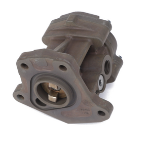 The AGCO Fuel Pump - F530200220190 by AGCO is a precision-crafted metallic automotive part featuring multiple holes and an intricate, visible gear mechanism.