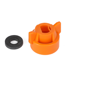 An AGCO Quick TeeJet Cap in orange, model ACP0484520, made of plastic with a central hole, paired with a separate black rubber washer, both showcased on a white background. For any product inquiries, please contact our support team.