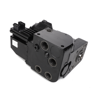 The AGCO Steering Box - Acw0435740, a robust black hydraulic valve block meticulously designed with multiple ports and connectors, is essential for optimal performance in fluid control systems.