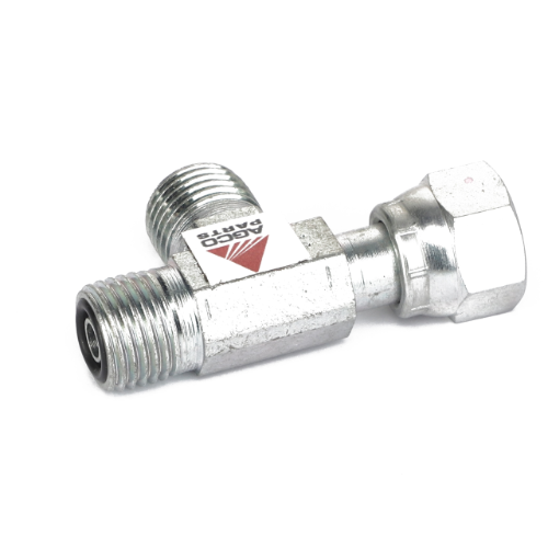 Metal hydraulic T-fitting with threaded ends, featuring a branded label on the central piece. Product Name: AGCO | T-Piece - Acw1971850. Brand Name: AGCO. No current product description information is available.