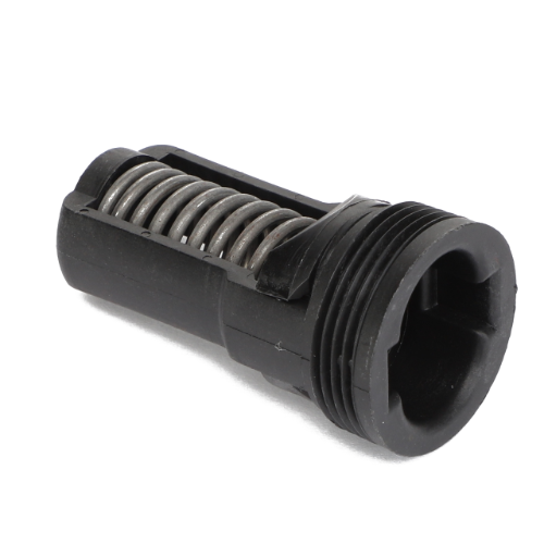 Product Description: The AGCO | CHECK VALVE - AG122065 is a sleek black cylindrical mechanical part featuring a visible spring component and threading on one end.