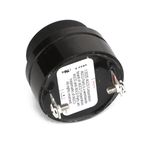 A round black electrical component labeled with technical specifications and featuring two protruding terminals on one end, identified as the AGCO Indicator - 8020638 by AGCO. No additional product description is available.