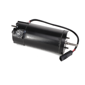 A black cylindrical electric motor, known as the AGCO | ELECTRIC MOTOR - AG516366, featuring attached red and black wires and a connector plug.