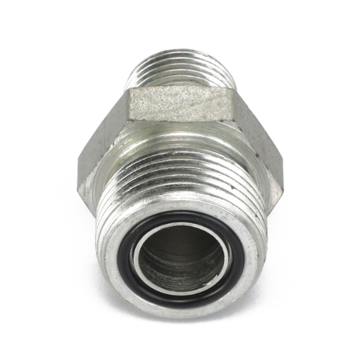 A close-up view of the AGCO | Connection - Acp0441650 metal threaded pipe fitting with a black O-ring seal, designed for connecting pipes.