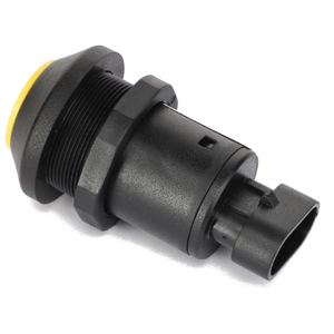 The AGCO Switch, Push Button, PTO (G312970090011) is a black and yellow push-button switch featuring a threaded mounting hole and an electrical connector, designed for reliable performance in machinery such as the Fendt Vario.