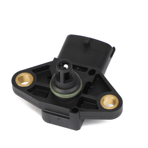 Close-up of the AGCO Press Transducer - F530200220690, a black automotive sensor featuring two gold mounting holes and a single black insert.