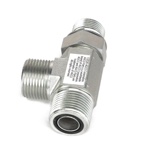 The AGCO T-Piece - Acw1965610 is a metal pipe fitting featuring a valve and two threaded ends, displayed against a white background. No current product description information is available.