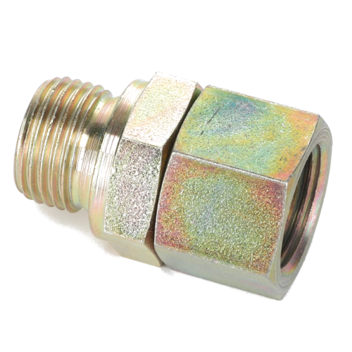 A close-up image of an AGCO ADAPTER - AL5027439, showcasing its metallic hexagonal hydraulic fitting with a threaded male end and a hex nut. The iridescent-coated metal enhances its sleek design. No current product description information is available.