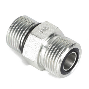 The AGCO | CONNECTOR - CH148-8340 is a robust metallic male hydraulic hose fitting featuring a textured surface and durable black O-rings at each end, designed to ensure a secure, leak-proof connection for hydraulic systems.