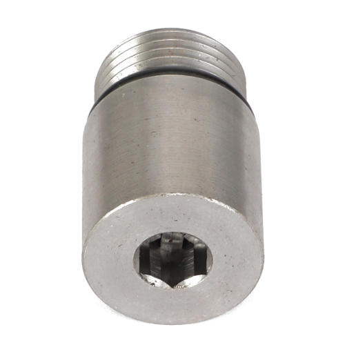 Close-up of the AGCO PLUG - AG333566, a cylindrical metallic component with a threaded top and hexagonal interior, possibly a connector or adapter piece.