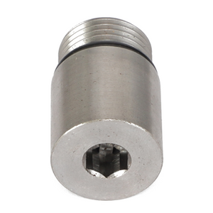 Close-up of the AGCO PLUG - AG333566, a cylindrical metallic component with a threaded top and hexagonal interior, possibly a connector or adapter piece.