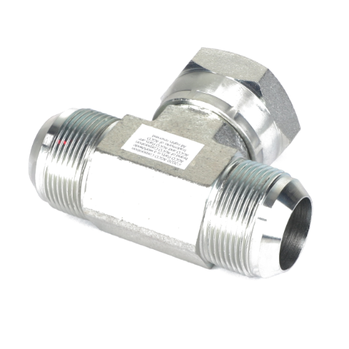 The AGCO TEE FITTING - AG133684 is a silver metal pipe fitting with a T-shaped configuration, featuring threaded ends and a hexagonal screw-in component on one side. No current product description information is available.