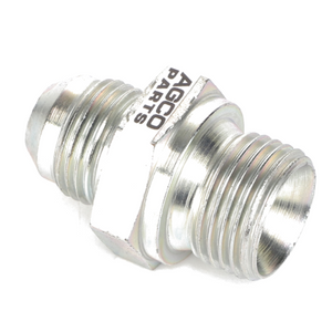 Silver cylindrical metal connector with threaded ends, featuring the text "AGCO PARTS" engraved on the hexagonal nut section, known as AGCO Adapter - AL5027417.