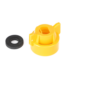 A yellow plastic Quick TeeJet Cap, model ACP0484500, featuring three tabs next to a black rubber washer, both placed on a white background. For any product questions or assistance regarding AGCO products, please reach out to our support team.