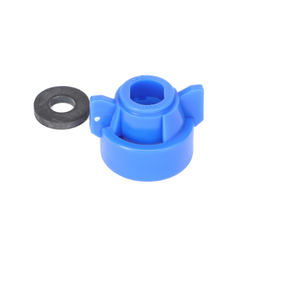 AGCO's Quick TeeJet Cap, Blue for Oval (ACP0484580) features a blue plastic component with two protrusions and a central cavity, accompanied by a small black washer on the left side, set against a white background. For product questions or if you need further assistance, please contact our support team.