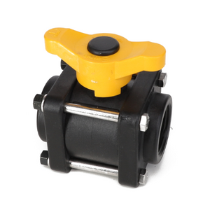 A black and yellow plastic full port ball valve with a T-shaped handle and metal bolts, known as the AGCO BALL VALVE - AG524024.