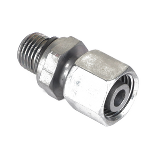 The AGCO | ADAPTER - AL5027966 is a metal hydraulic fitting featuring a male threaded end and a hexagonal nut for secure tightening.