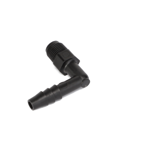 Displayed is the AGCO | ELBOW - AG334928, a black plastic hose adapter featuring a 90-degree elbow and barbed ends designed for connection to flexible tubing. No current product description information is available.