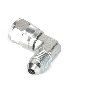 The AGCO | ELBOW FITTING - AG561367 is a metallic 90° elbow pipe fitting with threading on both ends and features a smooth, polished finish.