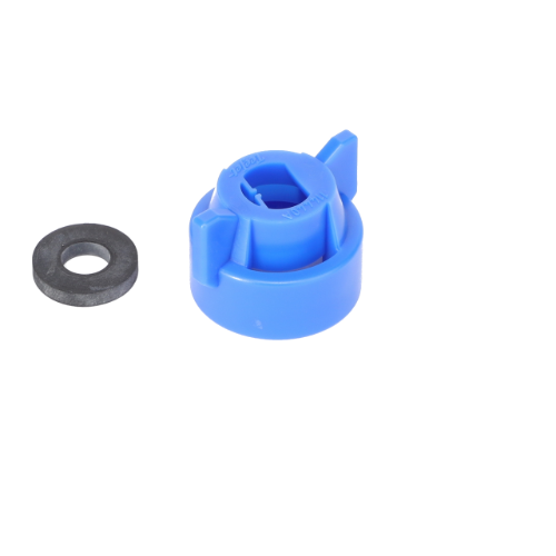 A blue plastic mechanical part, the AGCO Quick TeeJet Cap (Model: ACP0484480), featuring grooves and tabs, is showcased on a white background alongside a black washer. For ordering information or assistance, please contact our support team.