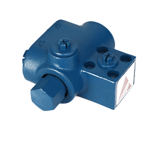 The AGCO Priority Valve - 4282285M2 is a blue hydraulic valve featuring multiple ports, a hexagonal nut, and a logo on one side. No current product description available.