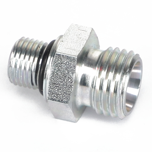 The AGCO | Connector Fitting - Acw3739640 is a metal threaded fitting with a hexagonal midsection and features a black O-ring for a secure seal.