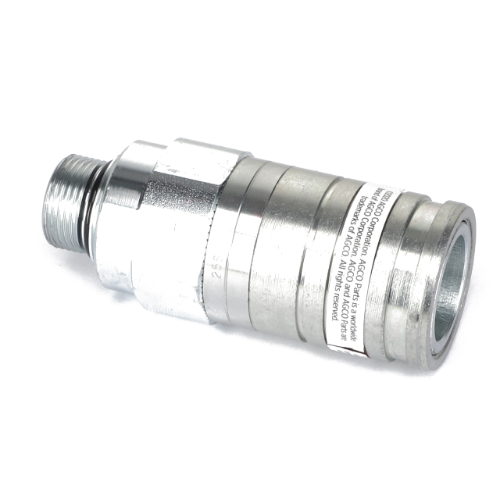 Introducing the AGCO | Quickline Connector - Acx2462630, a durable metal hydraulic quick coupler featuring a threaded male end on one side and a coupler opening on the other, ideal for connecting hydraulic lines. Partial text and specifications are visible on the side. No current product description information is available.