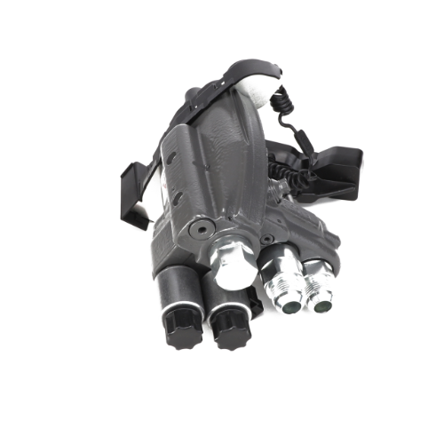 The AGCO | VALVE - AL10570171 by AGCO is a grey-painted hydraulic component featuring multiple connectors, cables, two black plastic knobs, and metal fittings. No current product description information is available.