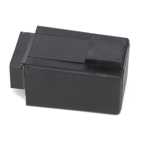 The AGCO | Relay, Indicators - 3818953M1 is a small, rectangular black plastic electronic component featuring a smooth surface and a protruding section on one side, designed to increase service life in Massey Ferguson models.