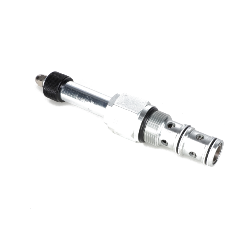 The AGCO PRIORITY FLOW CONTROL - AG059914, a metallic hydraulic valve featuring a cylindrical body, threaded ends, and multiple holes along the shaft, displayed on a white background. No current product description information is available.