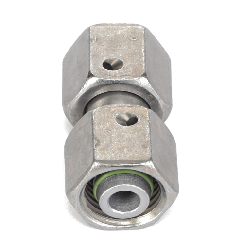 Introducing the AGCO ADAPTER - ACP0345530, a metal hydraulic coupling featuring hexagonal ends and a green seal inside. For any inquiries regarding this product, please don't hesitate to contact our support team.