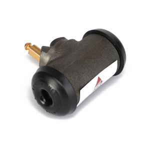 An AGCO wheel cylinder (model ACW1539530) features a cylindrical automotive brake drum with black rubber protective caps on both ends and a brass-colored bleeder screw; no information available on the manufacturer.