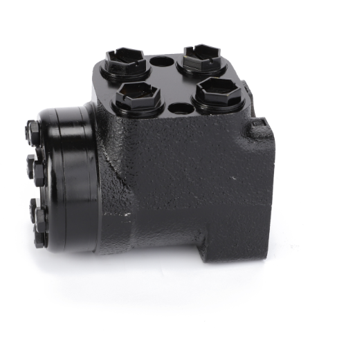 A black, industrial hydraulic AGCO Steering Box - 4355503M1 with multiple hex bolts and ports, compatible with Massey Ferguson models.