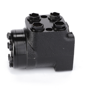 A black, industrial hydraulic AGCO Steering Box - 4355503M1 with multiple hex bolts and ports, compatible with Massey Ferguson models.